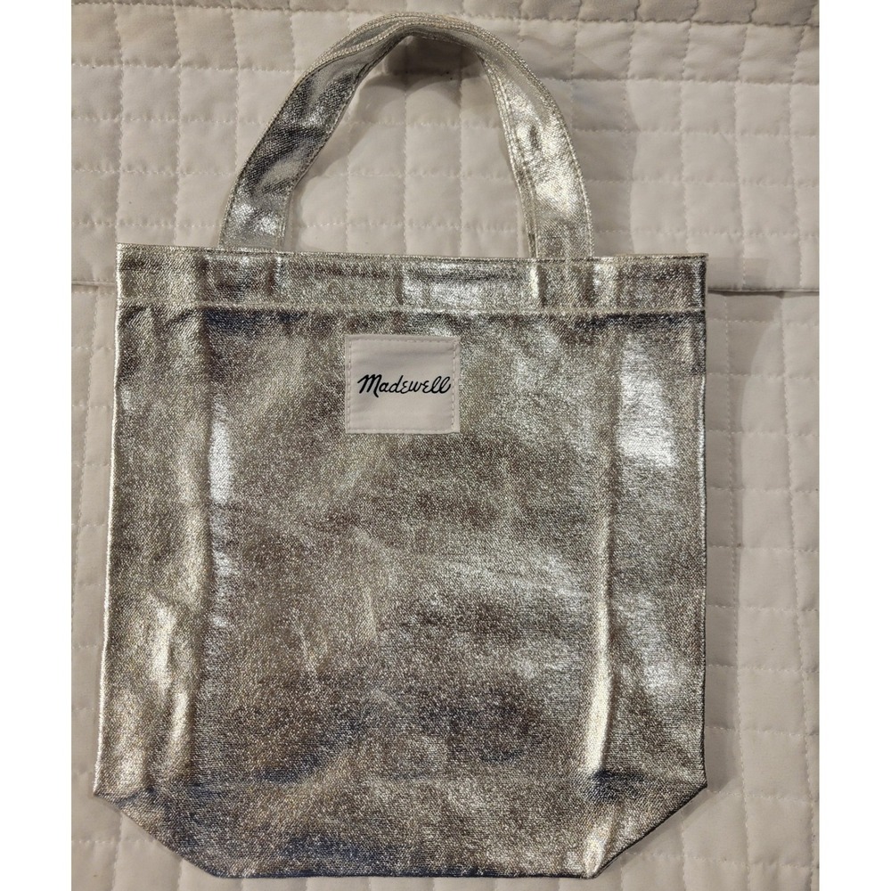 Madewell 10 x 10 Metallic Silver Foil Shimmer Canvas Mini Tote Bag Handbag Indie